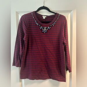 J Crew Factory Striped 3/4 Sleeve Embellished Neckline